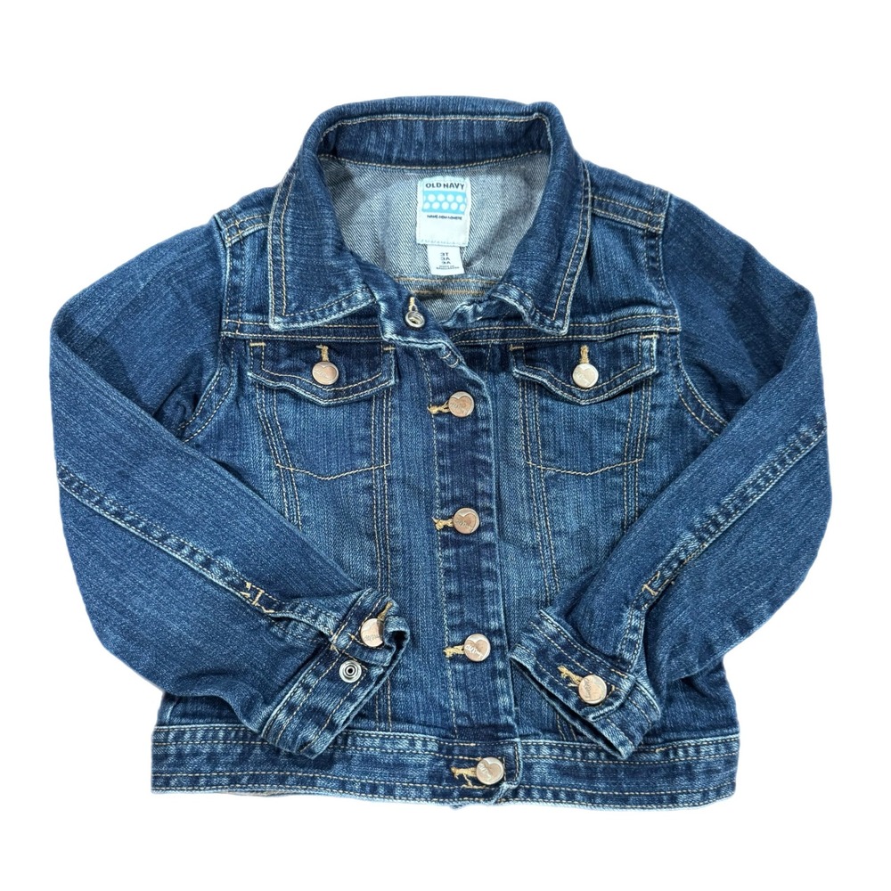 Old Navy Girls Blue Denim Jacket Heart Buttons Medium Wash 3T toddler fall
